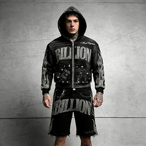 Custom Zip up <b>Jacket</b> and Shorts Set Acid Wash Vintage Zipper Tracksuits <b>Rhinestone</b> DTG Zip up Hoodie and Short Jogger Set - Product Image 2