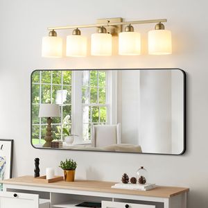 Lampada da Bagno Moderna a 5 Luci in Oro con Paralumi in Vetro Satinato Bianco Latte E26 - per Bagni - Product Image 4