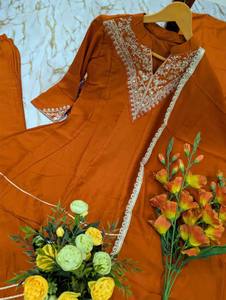 Rust Orange Sequins Embroidered V-Neck Peplum <b>Kurta</b> Set Custom Flared Palazzo Pant Suits <b>Ladies</b> Pakistani Ethnic Wear - Product Image 3