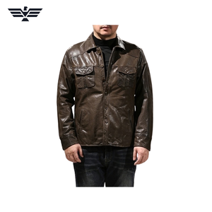 Blouson Homme Marron en Cuir Véritable Écologique Col Rabattu Motif Géométrique Décontracté Automne Simple Boutonnage - Product Image 3