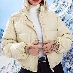 Veste matelassée en PU crème, col montant, fermeture éclair, coupe-vent, épaisse, manteau d'hiver décontracté, manches courtes, coupe régulière, unisexe - Product Image 3