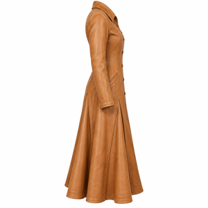 Tan <b>Brown</b> <b>Leather</b> Duster Coat Pleated Flare Long Trench <b>Jacket</b> <b>Womens</b> Custom Oem Odm Manufacturing Service - Product Image 3