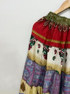 Boho Patchwork Silk <b>Skirt</b>, Women Handmade <b>Skirt</b>, Indian Silk Maxi Tiered <b>Skirt</b>, <b>Elastic</b> <b>Waist</b> <b>Skirt</b>, Sari Silk <b>Skirt</b> - Product Image 2
