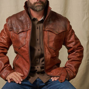 Veste en cuir bordeaux pour homme, style western vintage, deux tons, fermeture éclair, cuir véritable, style rancher, vente en gros OEM - Product Image 6