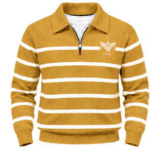 Men's Mustard Striped Quarter Zip <b>Pullover</b> <b>Sweater</b> With Embroidery Logo Front Long Sleeve Knitted Autumn Wear - Product Image 1
