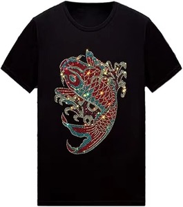เสื้อยืดลายกราฟิกมังกรประดับคริสตัลสีดำ 320gsm แขนสั้น คอกลม สำหรับผู้ชาย สไตล์สตรีทแวร์ เหมาะสำหรับงานเทศกาล - Product Image 2