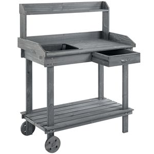 Banco da Giardinaggio in Legno Grigio con Ruote, Lavello Esterno, Cassetto e Spazi di Stoccaggio - Product Image 1