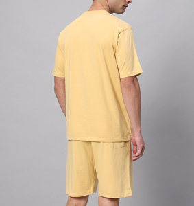 <b>Men's</b> <b>Yellow</b> Cotton T-<b>Shirt</b> and Shorts Set Crew Neck Solid Color Casual Summer Wear Breathable Knitted Two Piece Outfit - Product Image 3