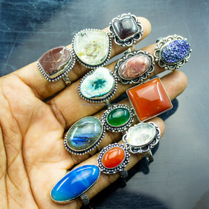 Anillos bohemios de piedras preciosas naturales surtidos de latón macizo Chapado en plata de estilo Vintage de calidad superior para mujer, joyería de moda, tamaño 5-11 - Product Image 5