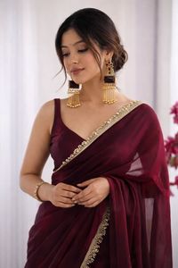 Georgette unie de style indien avec dentelle bordée, idéale pour les fêtes et festivals, prix de gros bas, qualité supérieure de style pakistanais - Product Image 2