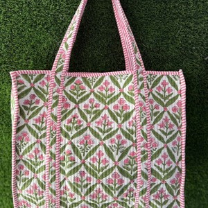 Premium Organic Cotton Tote <b>Bag</b> Quilted Hand-Printed <b>Big</b> Size Trendy Stylish Shopper Travel <b>Bag</b> for Summer Spring - Product Image 4