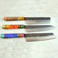 Set Pisau Koki Industri 3-Piece Baja Karbon Damascus Buatan Tangan Ahmad Fabric dengan Sarung Kulit OEM Berkualitas Tinggi Dapat Disesuaikan
