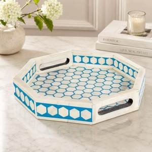 Plateau de service décoratif de luxe artisanal en os incrusté, motif étoile chevron bleu et blanc, pour la vente en gros et la maison - Product Image 6