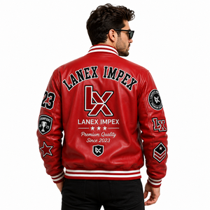 Custom Red Varsity Letterman Jacket Men PU Leather Baseball College Jacket Chenille Embroidered Patch Bomber Jacket OEM Bulk - Product Image 4