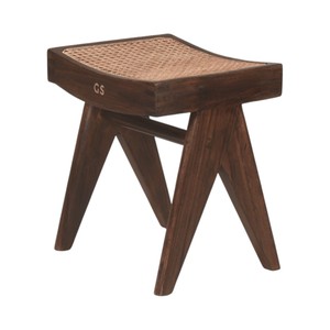Tabouret en bois massif de style Pierre Jeanneret, design Mid-Century Modern, avec assise en rotin et pieds en V, pouf et repose-pieds en bois antique – Vente en gros - Product Image 2