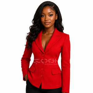 Cosh International Red Women's Double Breasted Blazer Solid Color Breathable Nonwoven Polyester Embroidery Office Outerwear - Product Image 1