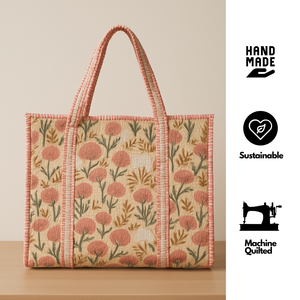Bolsa de tela de algodón premium personalizada con estampado a mano de Jaipur, diseño floral, ribete a rayas rosas, sostenible, lavable a máquina. - Product Image 4