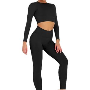 Conjunto de Yoga de 2 Piezas, Top Corto de Manga Larga, Cintura Alta, Conjunto Deportivo Sin Costuras, Ropa de Gimnasio Transpirable, Color Verde Sólido - Product Image 4