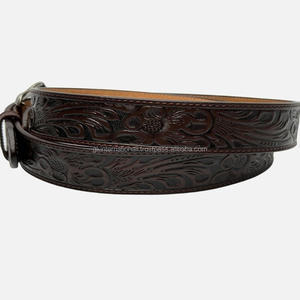 Western <b>Men</b> Women 40mm Brown Floral Embossed Anti nickel Buckle Western <b>Leather</b> Tooling <b>Belt</b> Made in India wholesale manufacture - Product Image 3