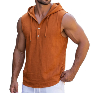 Factory rates Custom <b>Logo</b> Men's Muscle Fit Hooded Tank Top Button Up Henley Sleeveless Shirt Curved Hem Summer Fitness Tank Tops - Product Image 3