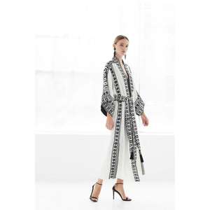 Kimono largo blanco para mujer con estampado étnico negro, cinturón, ropa de lujo para estar en casa o salir de noche, cintura natural - Product Image 3