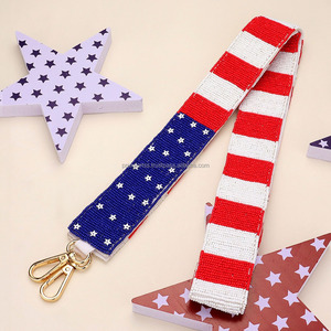 Vintage USA Flag Patriotic Woven Cotton Fabric Beaded Hook <b>Adjustable</b> Detachable Shoulder Bag <b>Strap</b> Red White Blue Stars - Product Image 3