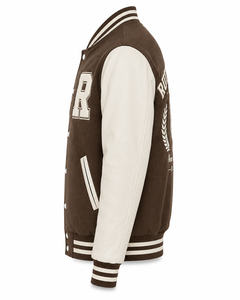 Chaqueta Universitaria Unisex Marrón y Blanca con Letra R, Cierre de Botones, Corte Regular, Bolsillo Frontal Bordado, Ropa de Invierno, 100% Lana - Product Image 4