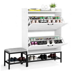 Scarpiera in MDF stile porta da fienile con 2 scomparti ribaltabili, gambe in metallo a rete e cuscinetti morbidi, 1 gancio - Portascarpe - Product Image 1