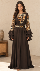 Vente en gros de robes Abaya pour femmes avec patchwork léopard, manches cloche, col rond, vêtements de soirée confortables - Product Image 4