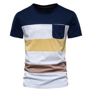 Men's Navy <b>White</b> Color Blocked Short Sleeve O-Neck Casual T-<b>Shirt</b> Knitted Regular Fit Solid Design - Product Image 1