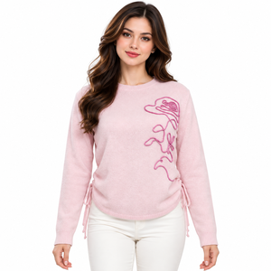 Pull en tricot jacquard pour femme, couleur lilas pâle, broderie, col rond, manches longues, pull d'hiver avec logo sur le devant et cordon de serrage sur le côté, taille XL - Product Image 1