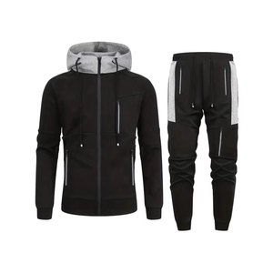 Ensemble de survêtement pour homme avec fermeture éclair intégrale, sweat à capuche et pantalon de jogging, vêtements de sport avec poche contrastante, cordon de serrage personnalisé, confortable - Product Image 1