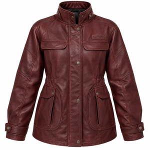Womens Burgundy Leather Field Jacket Dark <b>Red</b> Genuine Lambskin Safari Utility <b>Coat</b> Cinch <b>Waist</b> Snap Collar Flap Pocket Outerwear - Product Image 1