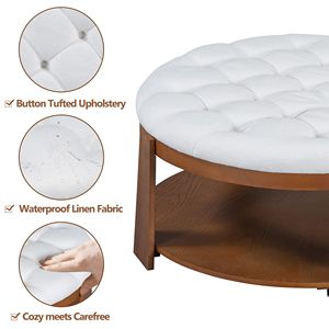 Tavolino da Caffè Moderno a 2 Livelli con Bottoni Trapuntati e Contenitore, Pouf Grande con Ripiano in Legno Imbottito - Product Image 6