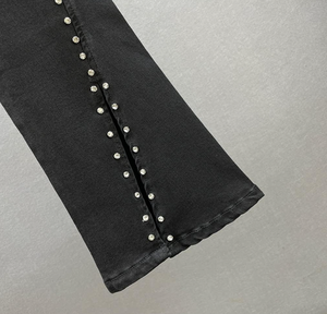 Pantalon évasé taille haute pour homme avec perles, style décontracté, délavage sable, fermeture boutonnée, tissu tissé mi-lourd, idéal pour l'automne - Product Image 5