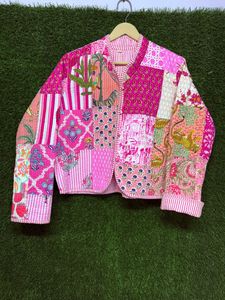 Handmade cotton quilted <b>jacket</b> with tie closure block print outerwear <b>lightweight</b> padded bohemian ethnic coat For <b>Women</b> Gifts - Product Image 3