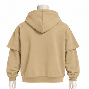 Sweat à capuche kaki double couche surdimensionné à manches superposées, pull à épaules tombantes, style streetwear vintage décontracté, épais et personnalisé - Product Image 2