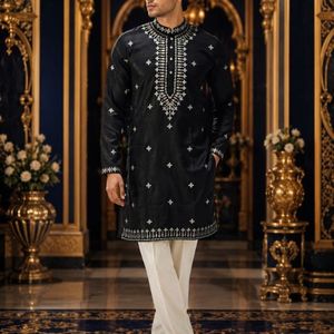 Pure Silk <b>Kurta</b> Pajama Set with Foil Thread Neck Work & All Over Embroidery, Cotton Bottom, Traditional Wedding By royal export - Product Image 4