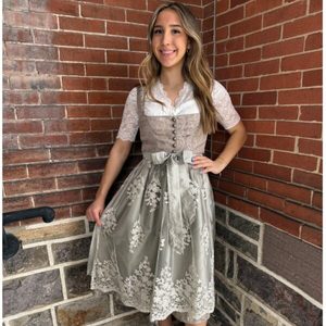 Women's Bavarian Style Dirndl <b>Dress</b> Midi Length Gold White Patterned A-Line Vintage Formal Wear with Belt and Short Sleeves - Product Image 5