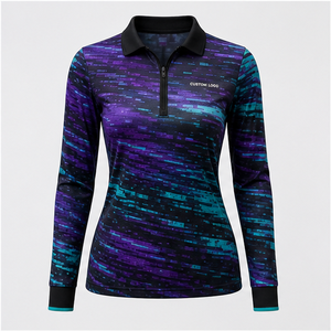 Custom Black <b>Purple</b> Teal Digital Glitch Womens Long Sleeve <b>Polo</b> <b>Shirt</b> Quick Dry Breathable Performance Uniform WPS-0769 - Product Image 1