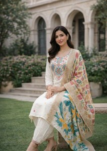 Commandez un ensemble Kurta / Kurti de style estival confortable, dernier design, en tissu 100% coton pur, coupe droite, bordure fantaisie, à prix de gros. - Product Image 5