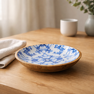 Juego de vajilla de madera de mango tallada a mano, ecológica, con acabado brillante en azul acuarela, tazón poco profundo de 14 pulgadas. - Product Image 5