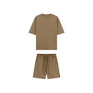 Ensemble t-shirt et short pour homme, vert olive, col rond, couleur unie, tricoté, décontracté, tenue d'été, respirant, 100% coton - Product Image 2