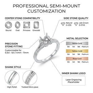 Service tout-en-un : Monture de bague de fiançailles semi-montée en or massif 18 carats pour diamant, échantillonnage rapide en 5-7 jours, OEM - Product Image 6