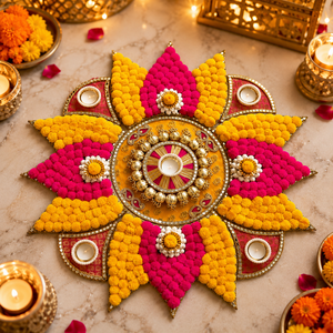 Décoration de Rangoli artisanale rose et jaune pour Diwali avec motif de fleurs pompon et porte-bougie pour la décoration de la maison pendant les fêtes - Product Image 3