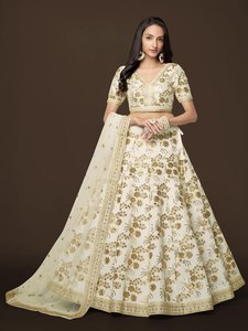Cream Floral Embroidered Lehenga Set V Neck Short Sleeve Blouse Full Skirt Evening Dress <b>Bride</b> Wear - Product Image 5