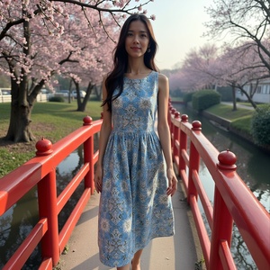 Vestido Midi de Algodón Transpirable, Dulce y Elegante para Mujer, Estampado Floral, Color Azul Polvo, Hecho a Mano en India, Silueta Fruncida - Product Image 4