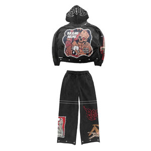 Sudadera con capucha para hombre, de invierno, transpirable, estilo vintage, con hombros caídos, bordado de parches desgastados, con cordón, con pedrería de diamante, al por mayor - Product Image 2