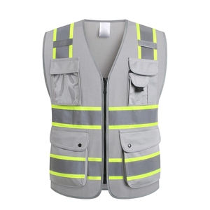 High Visibility Gray Safety Vest With Reflective Stripes And <b>Multiple</b> Pockets Unisex Workwear - Product Image 4