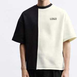 <b>Men's</b> Contrast Color Blocked Short Sleeve O-Neck T-Shirt Oversized Knitted Cotton Minimalist Front Logo Design - Product Image 1